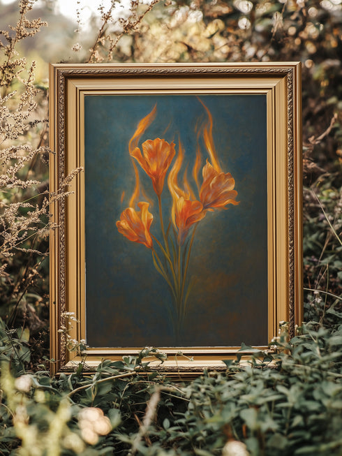 Fine art print featuring glowing orange flowers engulfed in flames, set against a deep blue textured background. Printed on archival 285gsm paper with a velvety watercolor texture. Museum-grade quality. Available in multiple sizes. Vintage-inspired ornate frames not included. Artwork evokes symbolism of transformation and inner fire.